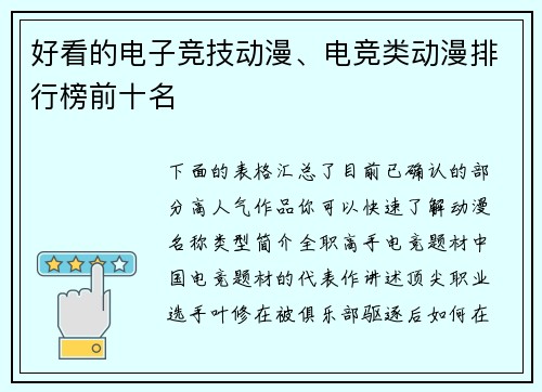 好看的电子竞技动漫、电竞类动漫排行榜前十名