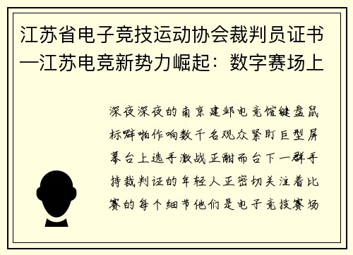江苏省电子竞技运动协会裁判员证书—江苏电竞新势力崛起：数字赛场上的青春风暴