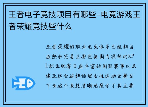 王者电子竞技项目有哪些-电竞游戏王者荣耀竞技些什么